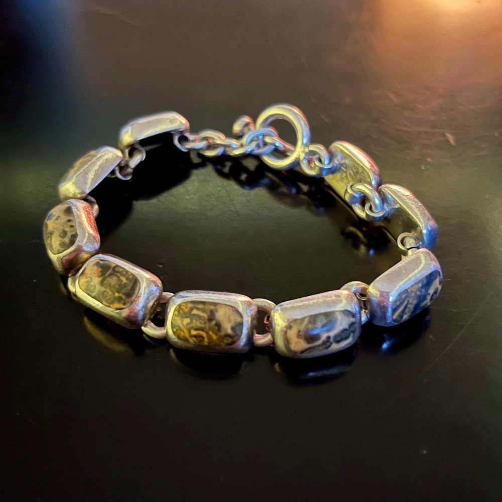 Silpada 925 Silver Leopard Jasper Stone Link Bracelet w/Toggle Clasp